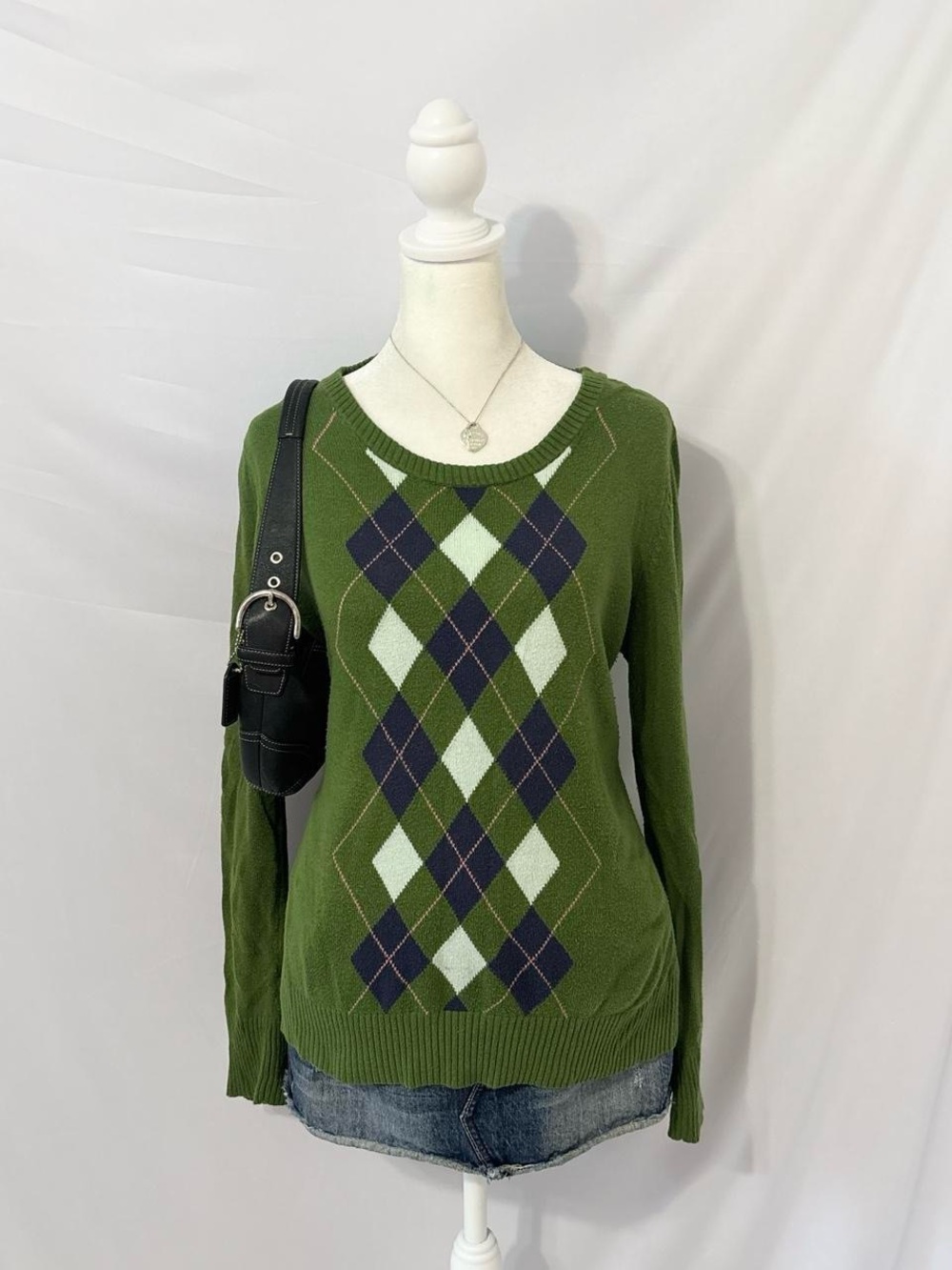 Vintage Y2k Preppy Green Argyle Sweater
